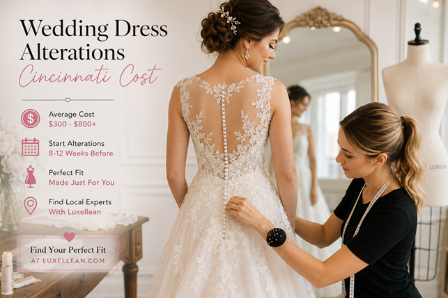 Title: Wedding Dress Alterations Cincinnati Cost - Description: Bride having her wedding dress fitted by a seamstress for bridal alterations in Cincinnati.